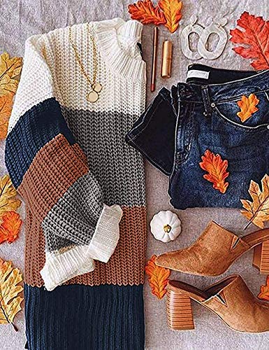 MEROKEETY Women's Crew Neck Long Sleeve Color Block Knit Sweater Casual Pullover Jumper Tops Brown