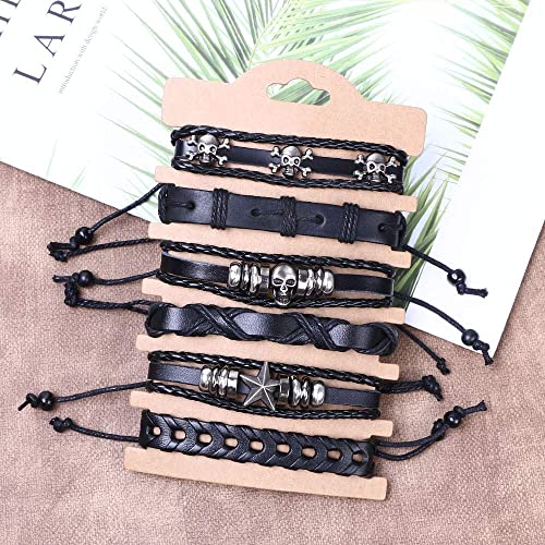 Skull Leather Bracelet, 6Pcs Charm Ethnic Tribal Braided Leather Bracelet, Adjustable Cuff Wrap Bracelet Wristbands For Men Women L2Us-2736552 #TOP3