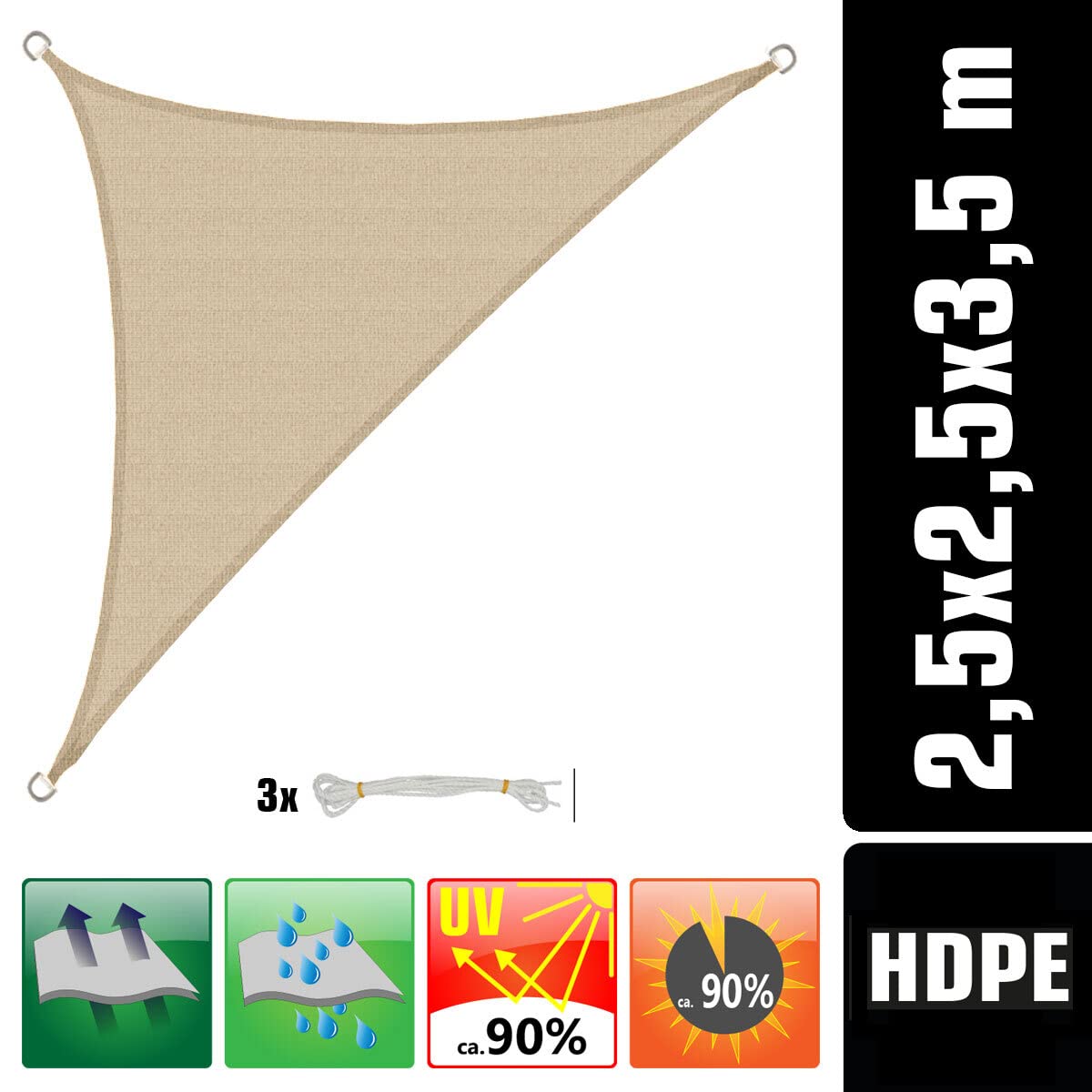 AMANKA 2,5x2,5x3,5 Voile d'Ombrage Triangulaire Respirante - Toile de Jardin avec Fixation Acier INOX