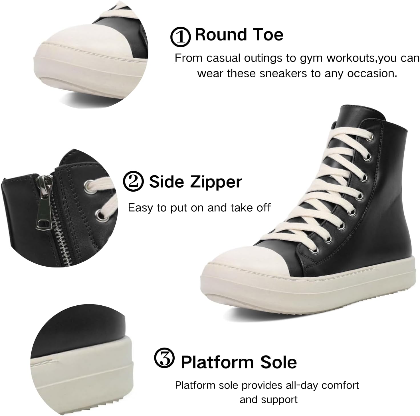 IMPREMEY Women's High Top Sneakers Lace Up PU Leather Shoes with Thick Soles and Zipper, Fashionable Walking Shoes - Image 3