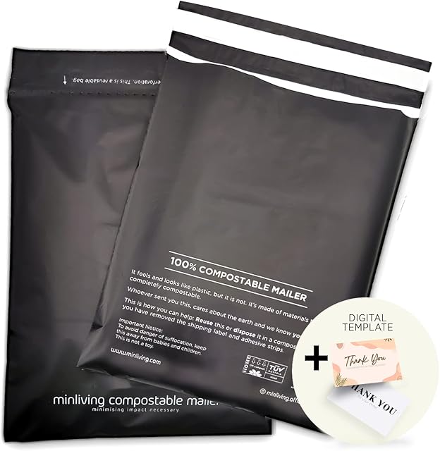 100% Biodegradable Mailing Bags 37.8 x 48.2cm (50 Pcs) Compostable Poly Mailers, 14.9x19" Eco Friendly Packaging Postage Bag. Reusable Double Sealing, Extra Thick, Zero-Waste Shipping Parcel Envelope