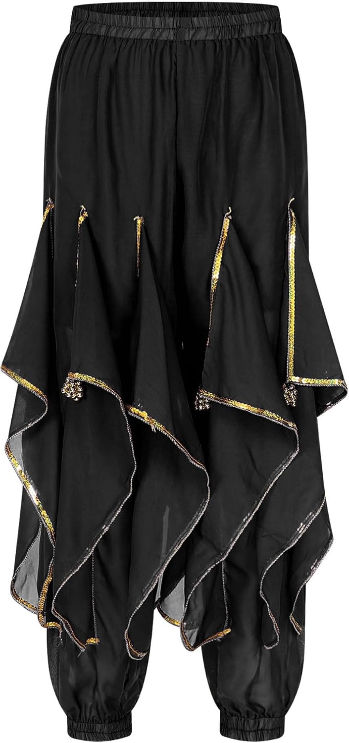 XUNZOO Women Ladies Sequins Belly Dance Performance Costumes India Arabian Stage Harem Pants Trousers