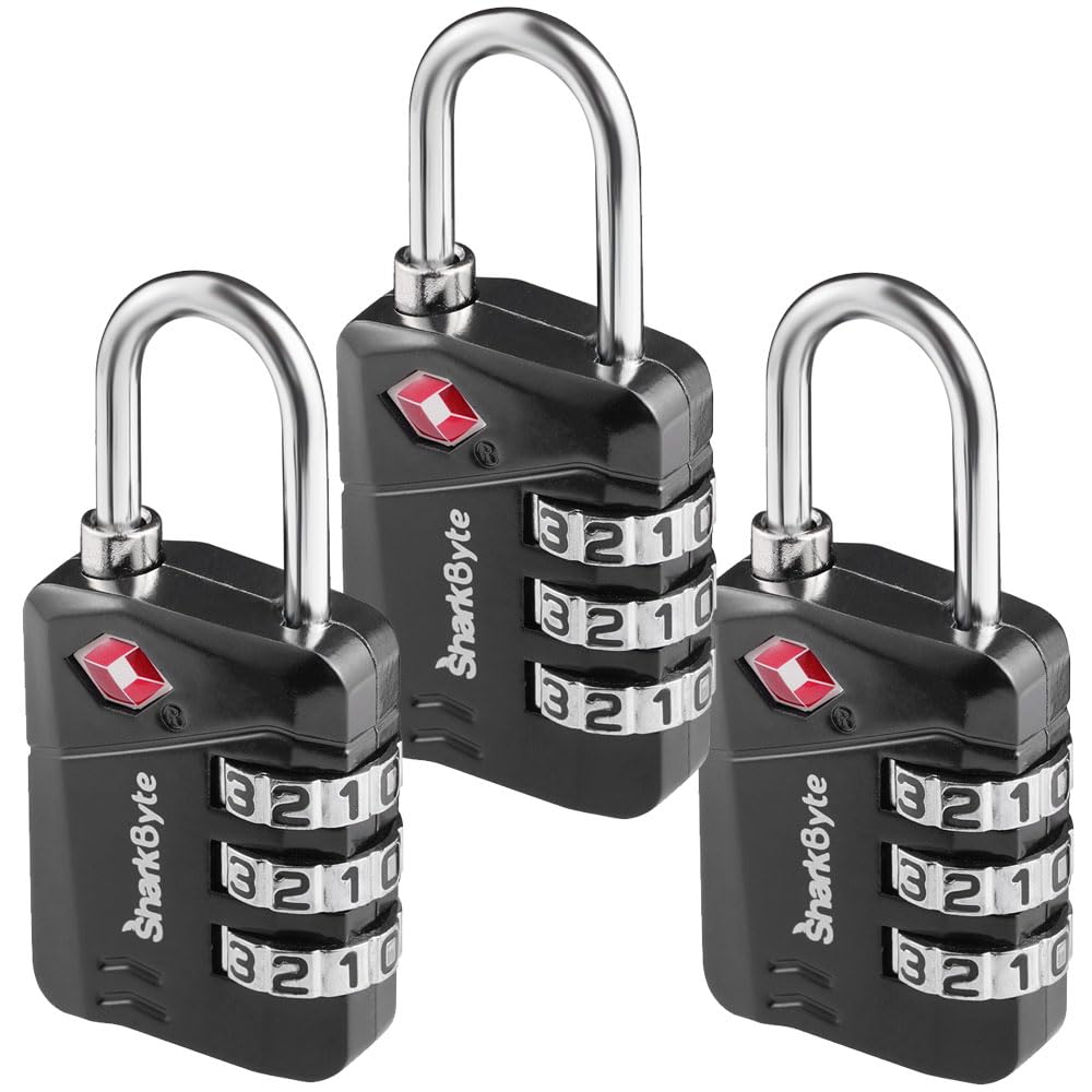 Sharkbyte 3 Pack, Black Tsa Approved Luggage Locks, 3-Dial Security Travel Combination Padlock, Travel Lock For Suitcases Luggage Case, Backpack, Travel Bag, Gym Locker, Code Small Padlock, Suitcase Locks (3 Pack)