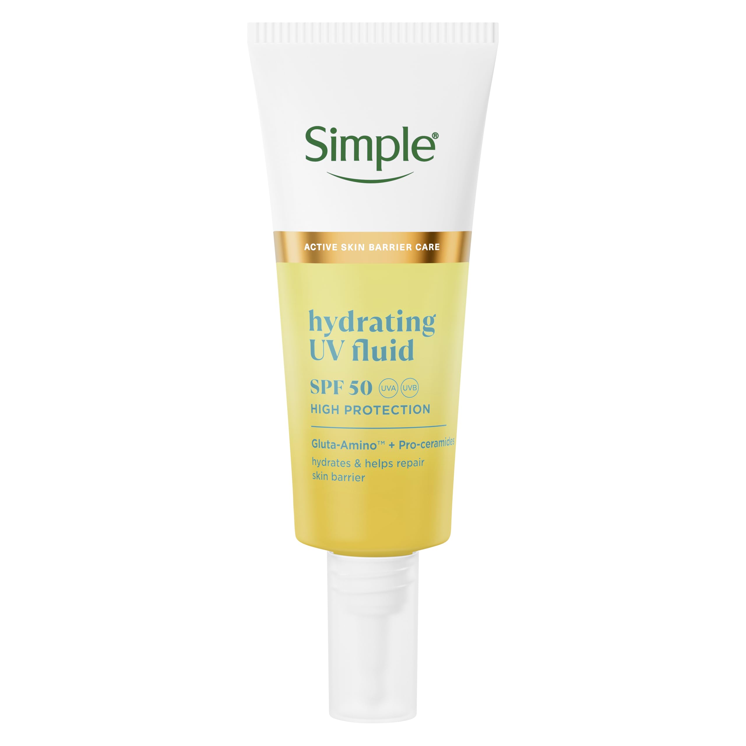 Simple Hydrating UV Fluid SPF 50 – High UVA/UVB Sun Protection Face Moisturiser with Gluta-Amino™, Niacinamide & Pro-Ceramides - Helps Protect Skin Barrier, Reduce Dark Spots & Even Skin Tone 40ml