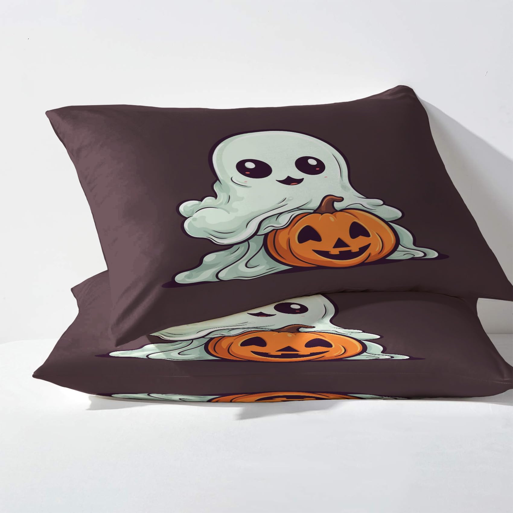 Halloween Bettwäsche Set 135x200 | Süße Geister & Kürbis Muster | Mikrofaser Wendebettwäsche