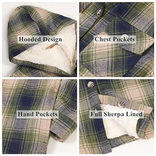 Image of ThCreasa Girls Sherpa Lined Plaid Button Hooded Jacket | Fully Interior Lined, Button Up, Flannel Outer, Family Photo Ready, School To Holiday Events, Fall Winter Shacket With Hood