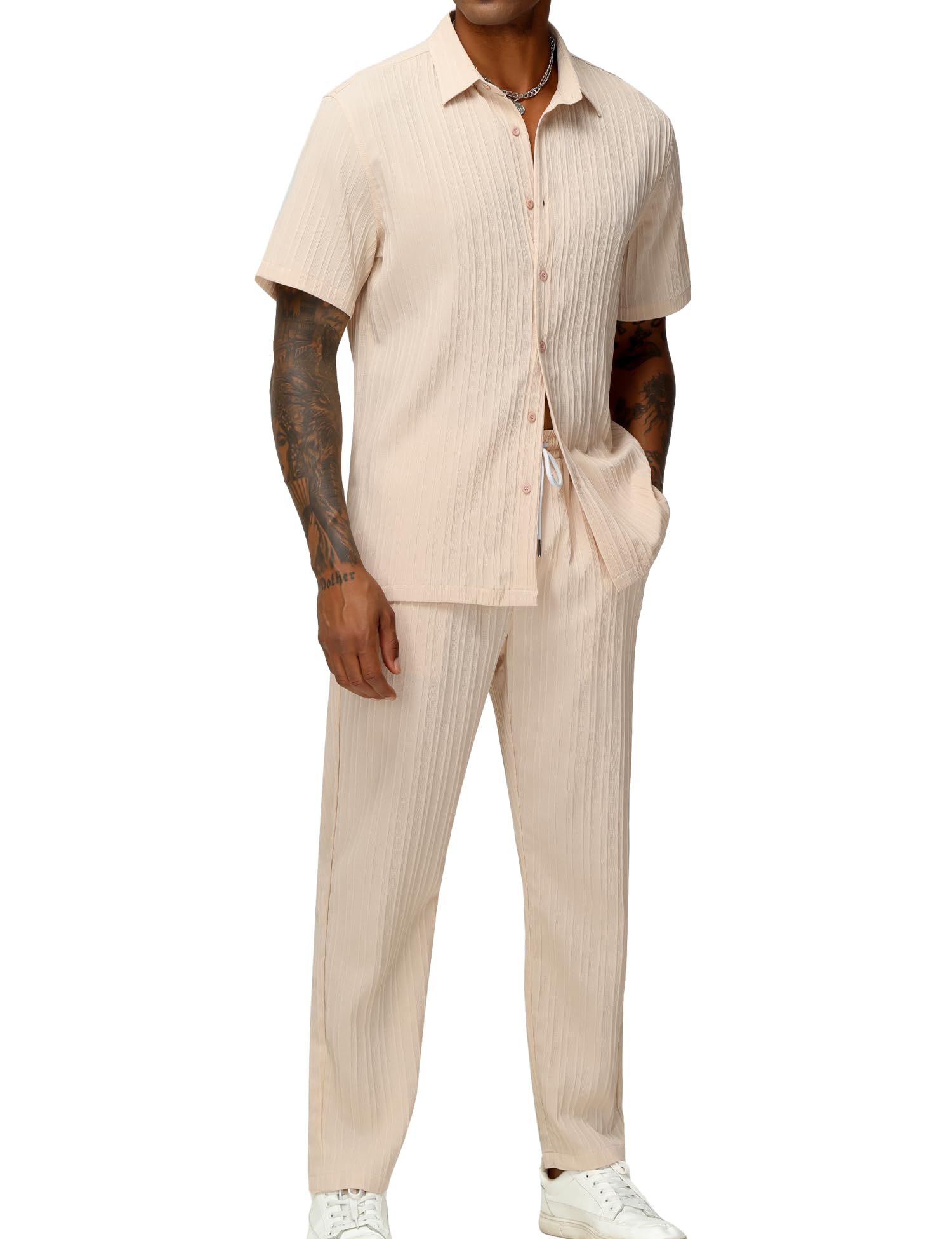 LecGee Men's 2 Piece Vertical Striped Textured Outfits Summer Casual Button Down Shirts And Pants Matching Sets