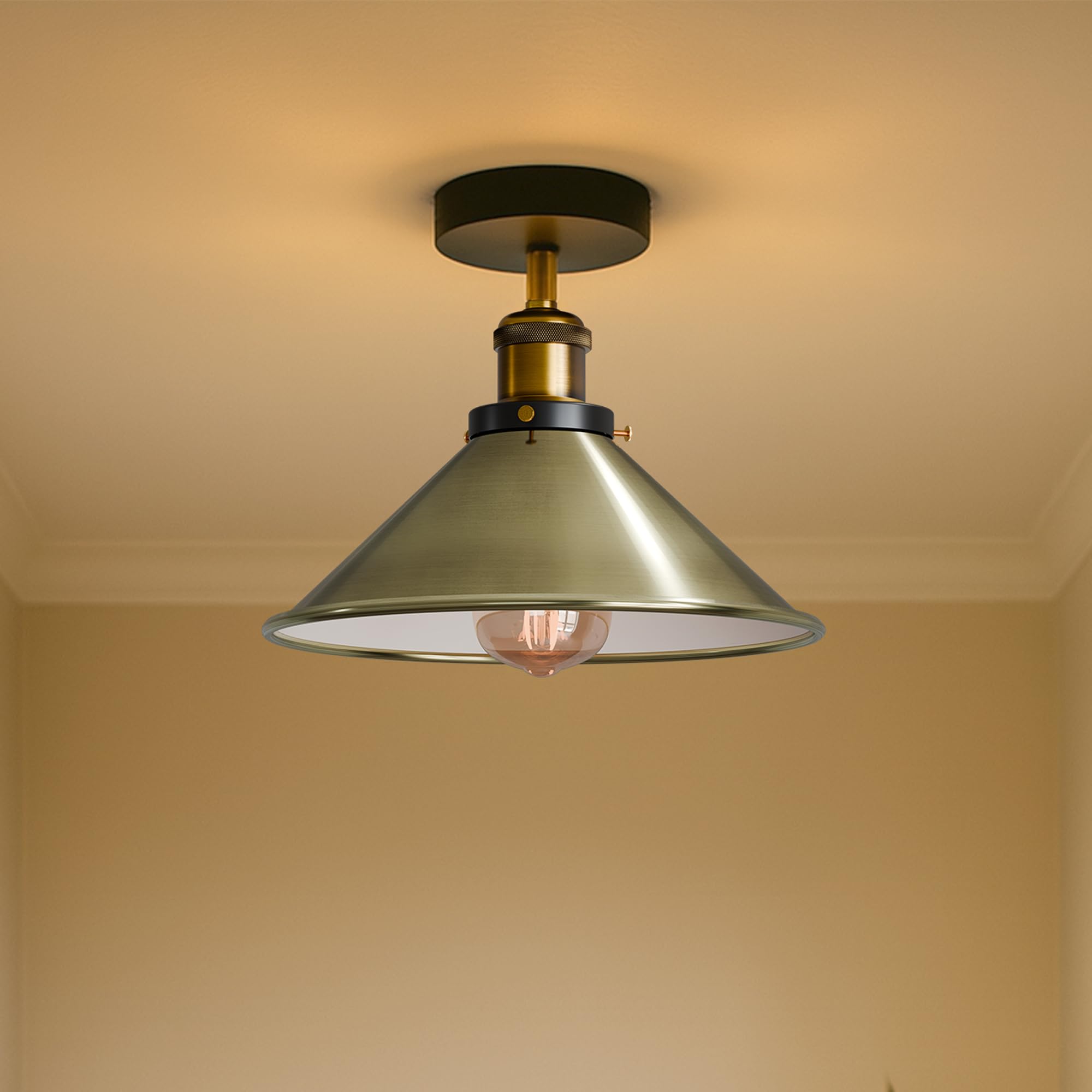 LEDSone Semi Flush Mount Lighting Fixture Metal E27 Holder 22cm Green Brass Cone Lampshade Vintage Industrial Ceiling Light for Farmhouse Kitchen Hallway with Bulb