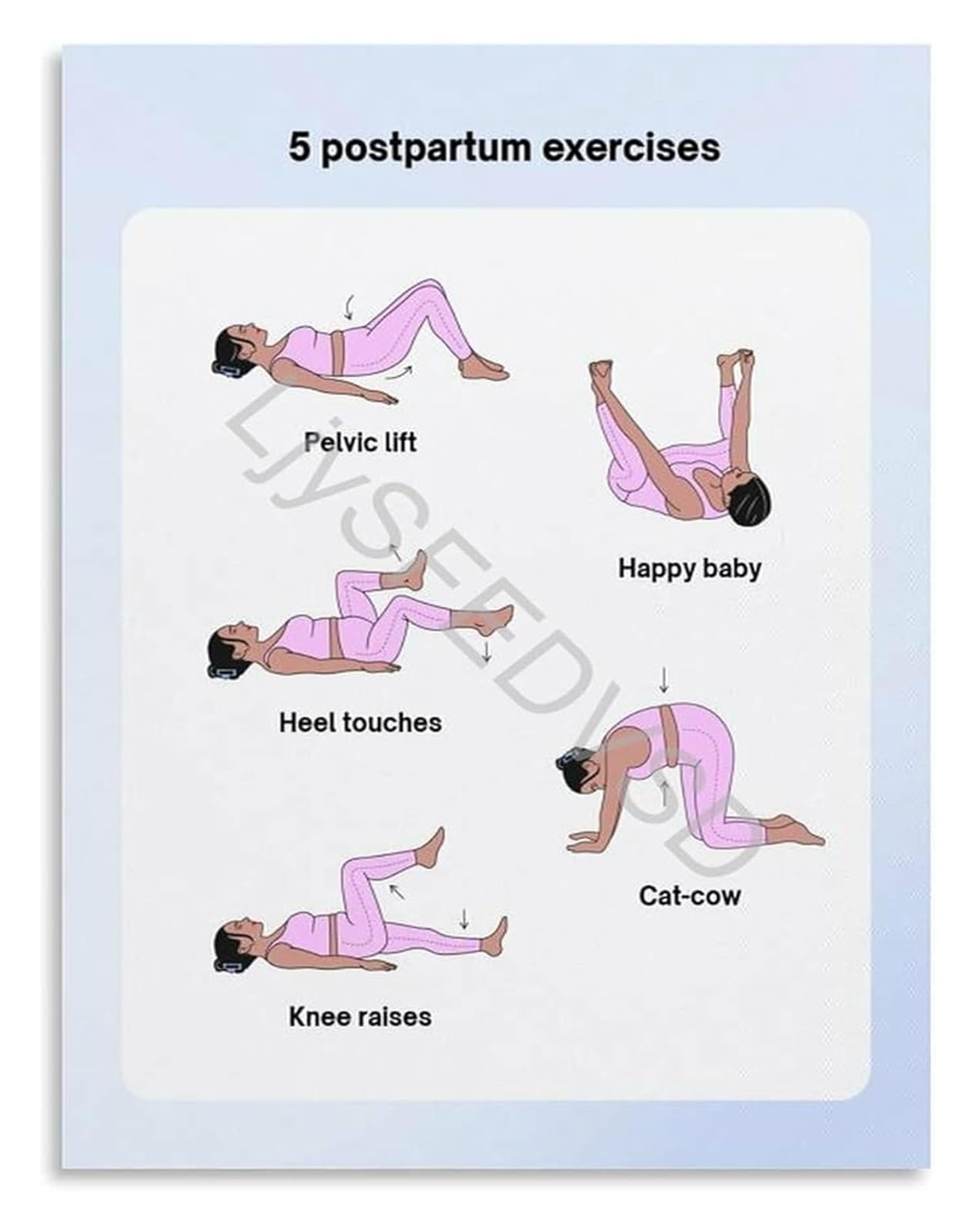 EKFBQBGW After Birth Recovery Poster 5 Postpartum Exercises for Pelvic Lift and Core Strengthening Mom Guide Wall-Art Framed,16x24inch(40x60cm)