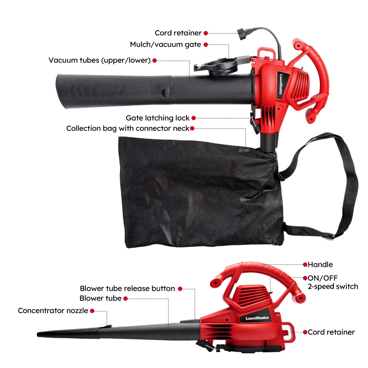 LawnMaster Red Edition BV1210 1201 Electric Blower Vacuum Mulcher 12 Amp 2-Speed Adjustment with Metal Impeller 240 MPH 380 CFM 14:1 Mulch Ratio