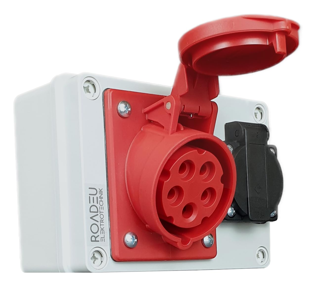 RoadEu - Power Distributor 16A 5P, 2x Sockets With Main Switch 0-1 - CEE Splitter With Circuit Breaker C 16A 3P, C 16A 1P - IP44 Waterproof Outdoor Distributor