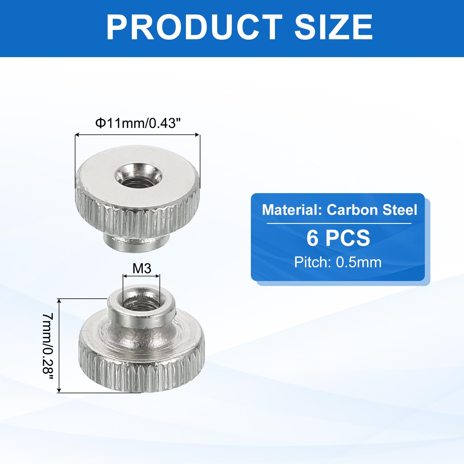 MECCANIXITY 6Pcs Knurled Thumb Nuts, M3x7mm Carbon Steel Nut Iron Round Knobs Fasteners High Head Through Hole Hand Screw Nut for 3D Printer Part Machine, Silver