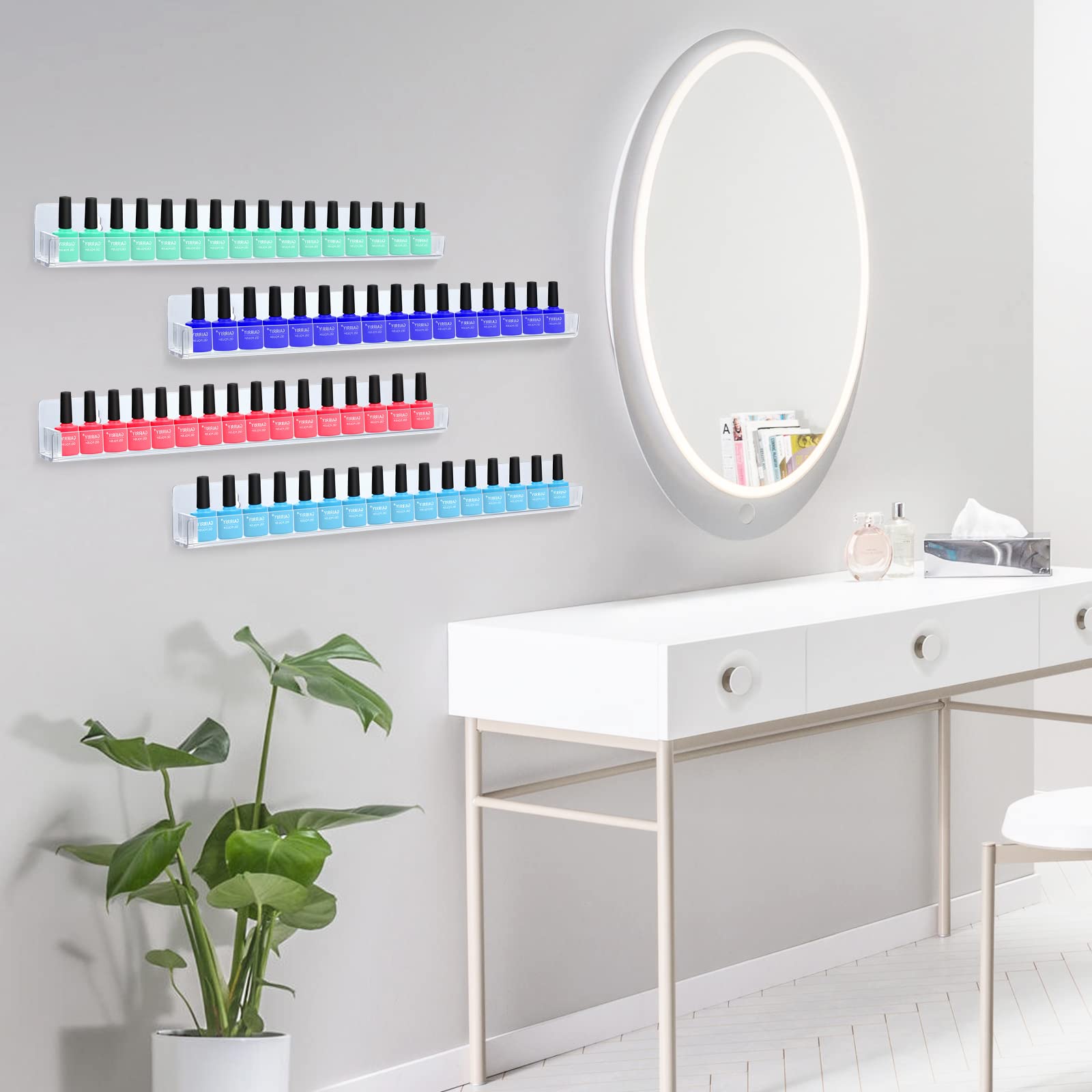 Paquete de 8 estantes para Esmalte de uñas montado en la Pared con Inserciones extraíbles Antideslizantes, Organizador de Esmalte de uñas acrílico Transparente, Estante de Pared para 128 Botellas