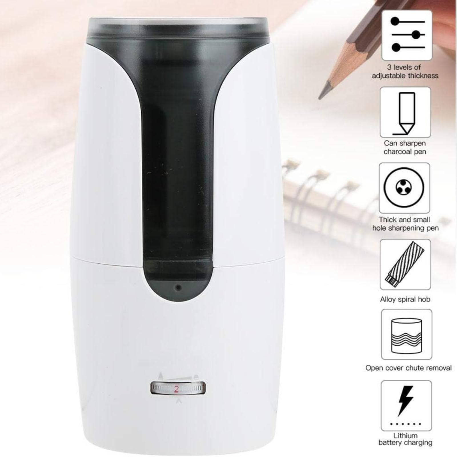 Elektryczna temperówka do ołówków, spiralna ostrzałka, z pojemnikiem, ładowana przez USB, automatyczna temperówka studencka do kolorowych ołówków 6-12 mm i nr 2 (biała)
