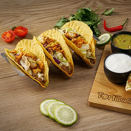 Tortillada - Taco Holders Set of 2 / Taco Holder Shell Stainless Steel with Wooden Serving Tray incl. 2 Ceramic Dip Bowls + Recipe Book - Image 2