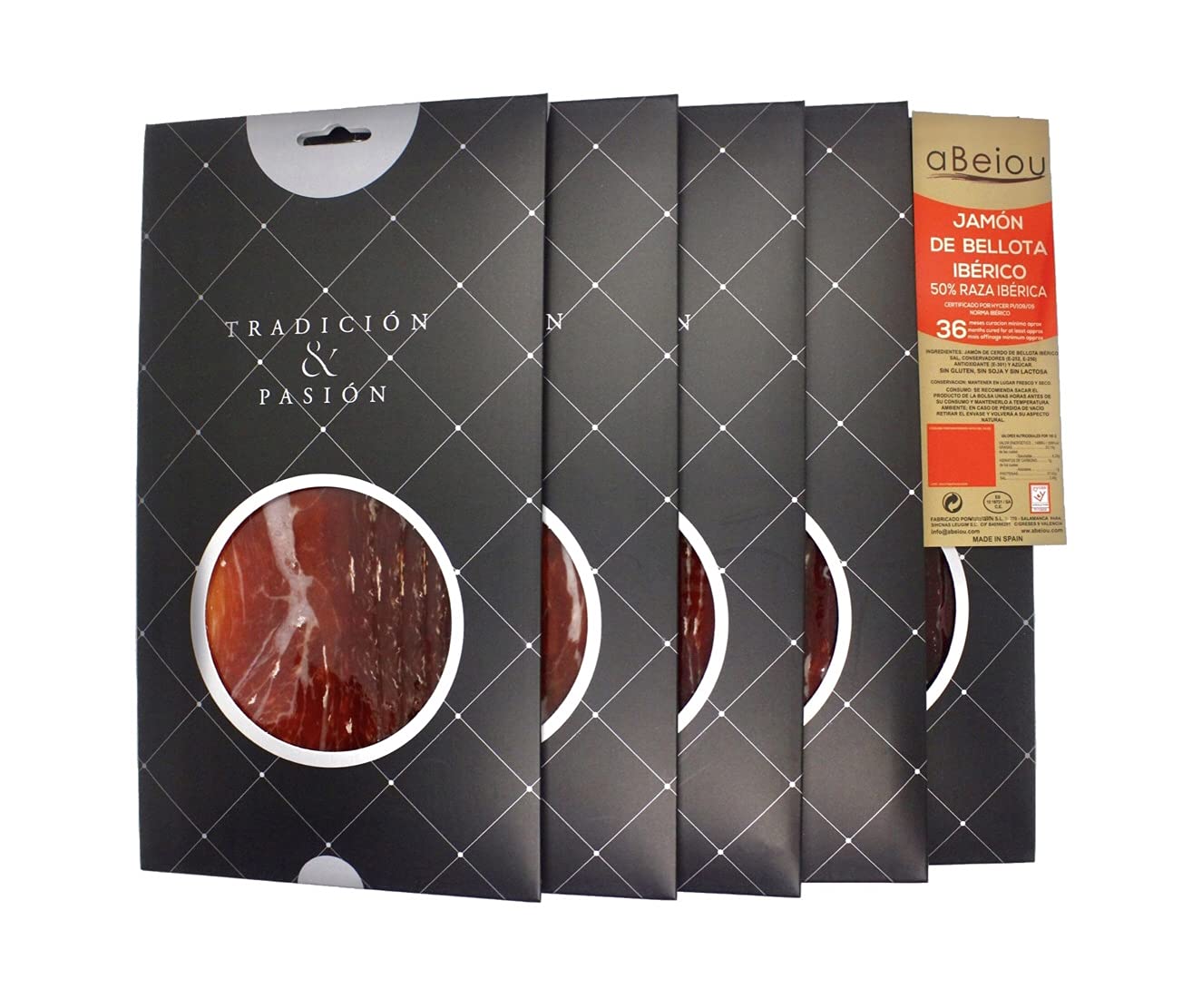Jambon Ibérique nourri au gland de Bellota Tranché 500 g (5×100 g) — Affinage +36 Mois — Certifié Hycer — Jamón Ibérico de Bellota — Guijuelo Espagne — aBeiou