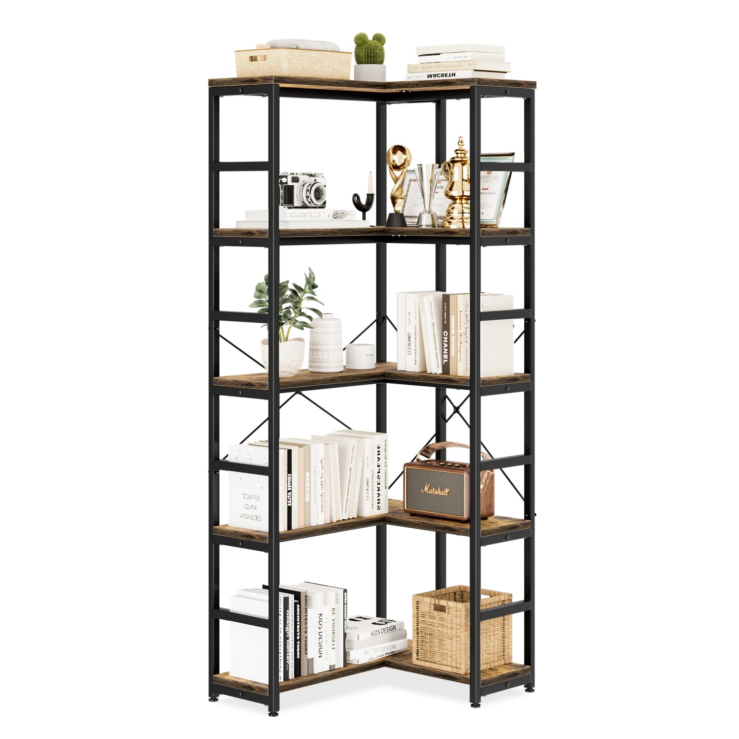 NUMENN 5 Tier Corner Bookshelf, Wood and Metal Bookcase Storage Shelf, Tall Corner Cabinet for Living Room, Bedroom, Home Office and Kitchen, Vintage
