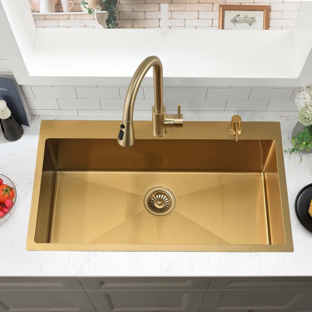 30 Inch Gold Drop In Kitchen Sink- Wesliv 30x18 Inch Gold Kitchen Sink Stainless Steel Deep Single Bowl Overmount Sink with Bottom Rinse Grid & Soap Dispenser 30x18x9 Gold