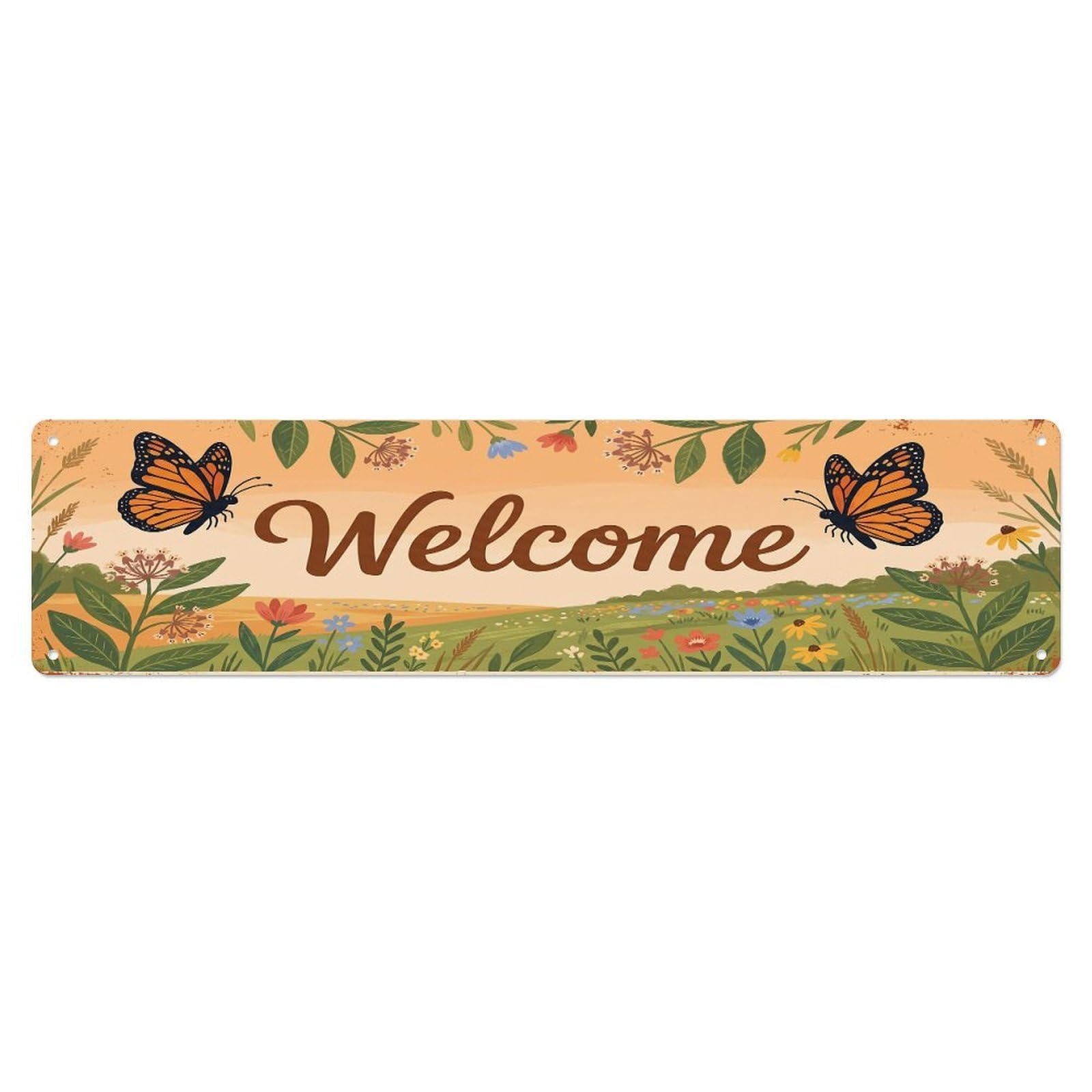 Cxhjca 4X16inch(10X40cm) Vintage Welcome Monarch Butterfly Metal Tin Sign