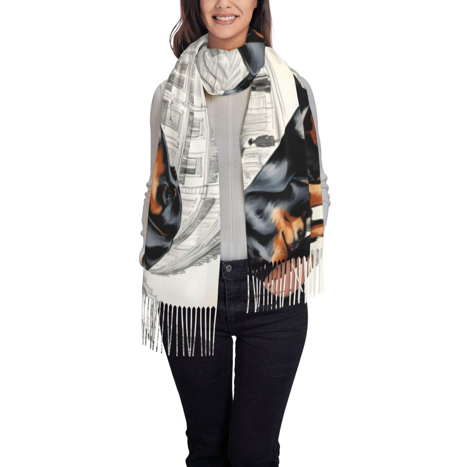 Duwaa Women's Black Parisian Dachshund Print Fall Winter Scarf Soft Tassel Soft Warm Blanket Scarves Shawl Wraps