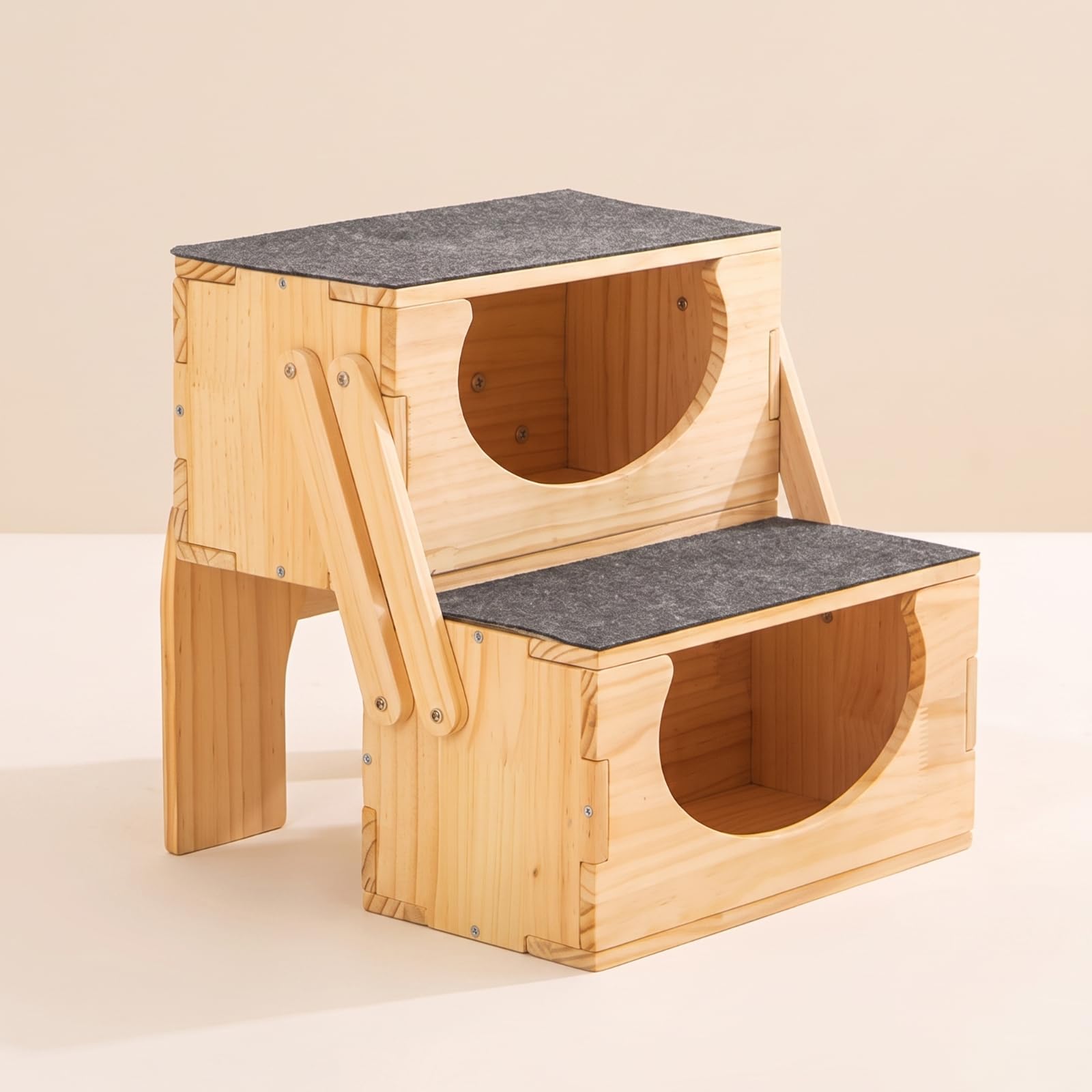 Baoblaze Scaletta per Cani Gradini Rampe in Legno Massello Pieghevole con Superficie Antiscivolo E Ta Laterali Semicircolari per Stabilità E Presa Sicura, Due Gradini
