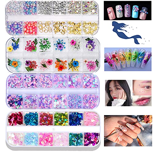 48 Colors Dried Flowers Rhinestones for Nails Art Butterfly Nail Glitter,APOHALO Pearl Nail Charms Star Moon Sequins Acrylic Nail Gems for Supplies Face Gifts for Decoration Accessories DIY Crafting