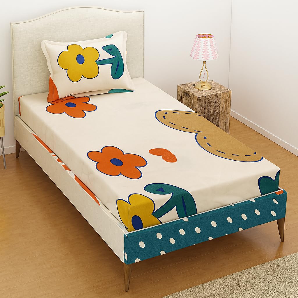 indhome life 220 tc kid's single bedsheet with 1 pillow covers single size flat bedsheet, elegance & comfort to your bedroom, printed glace cotton bedsheets - beige color