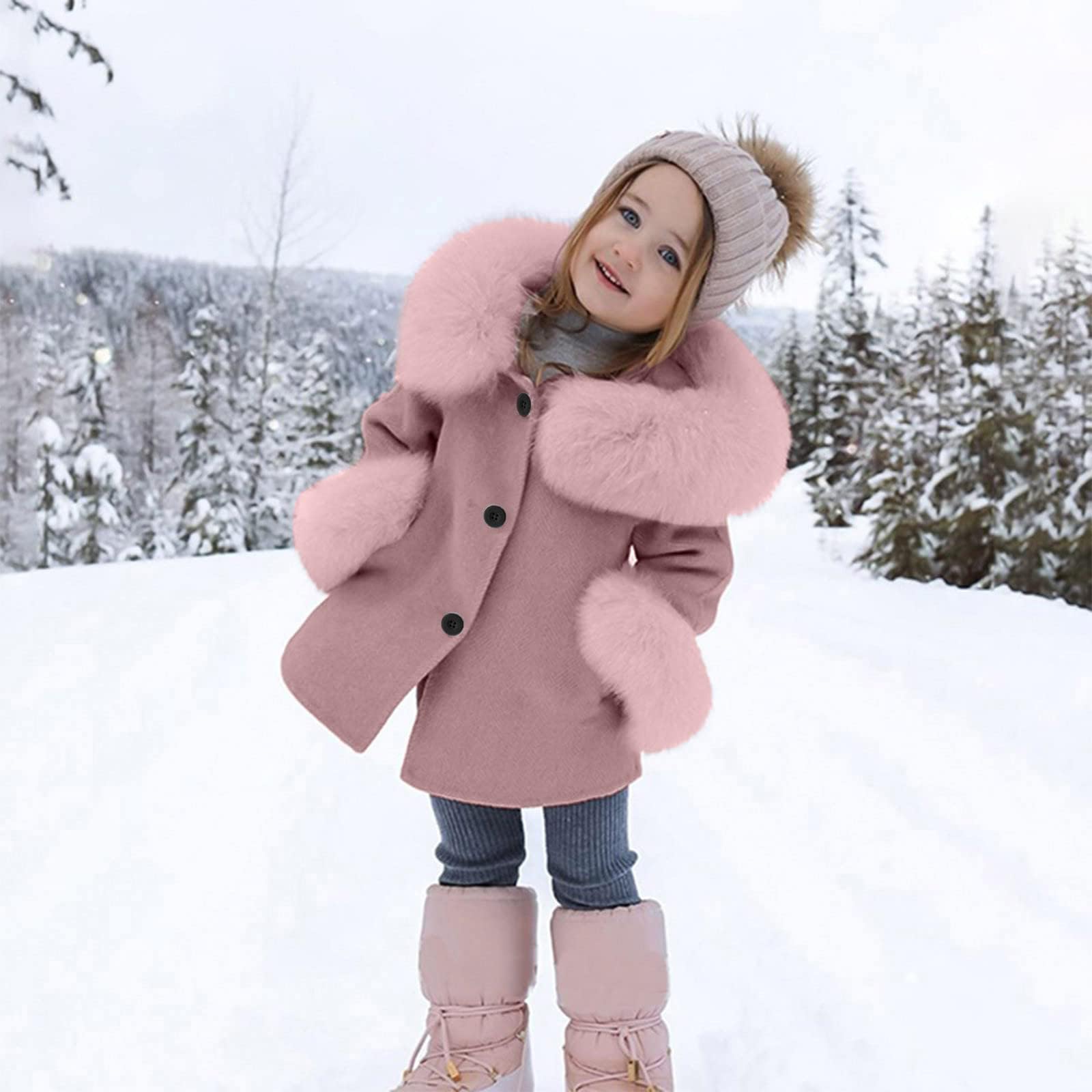 Abrigo de Invierno para Niña en Tejido de Algodón Lavado con Refuerzo,Abrigo de Invierno para Niña con Mangas Largas y Capucha con Adornos de Peluche Sintético, Chaqueta para Niña con Bolsillos