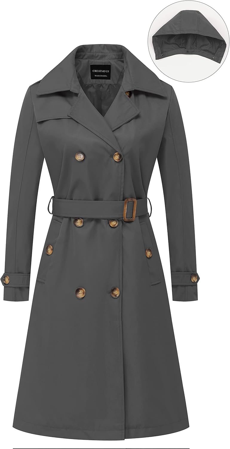 CREATMO US Women's Long Trench Coat Double-Breasted Classic Lapel Overcoat Belted Slim Outerwear Coat with Detachable Hood - Image 7