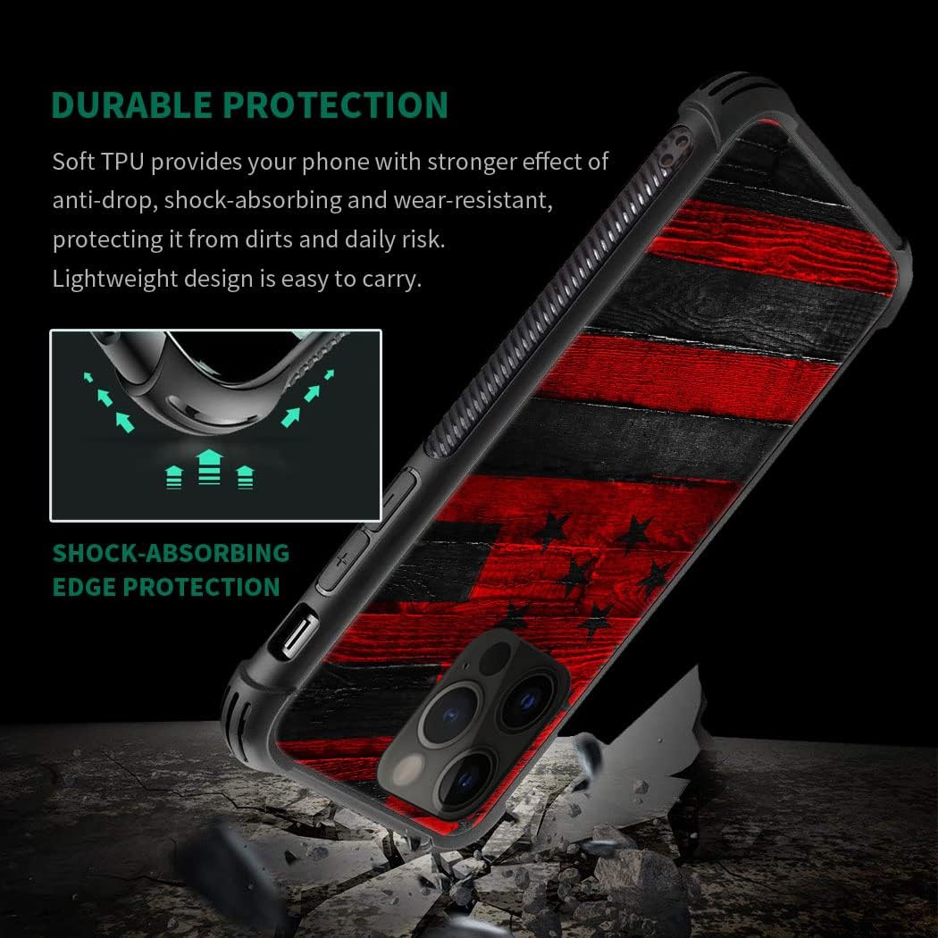 DJSOK Compatible with iPhone 14 Case，Design Pattern Back Bumper Anti Scratch Reinforced Corners Soft TPU Caver,Cases for Men Women-Black red Wood Grain American Flag - Image 3