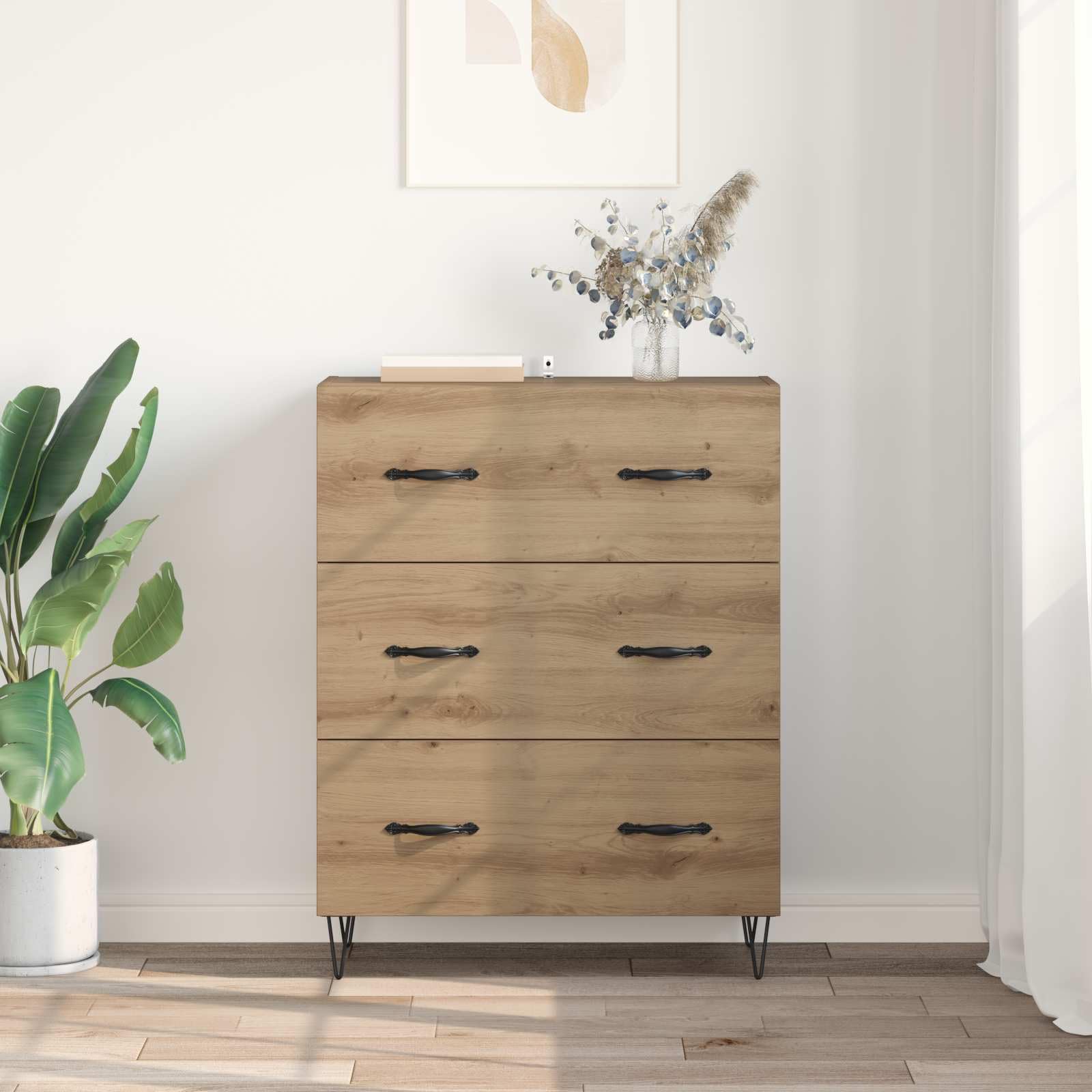 Buffet en chêne Artisan - 69,5 x 34 x 90 cm - Bois composite - Fer - Armoire de salon rustique avec tiroirs - Commode pour couloir, cuisine et chambre à coucher