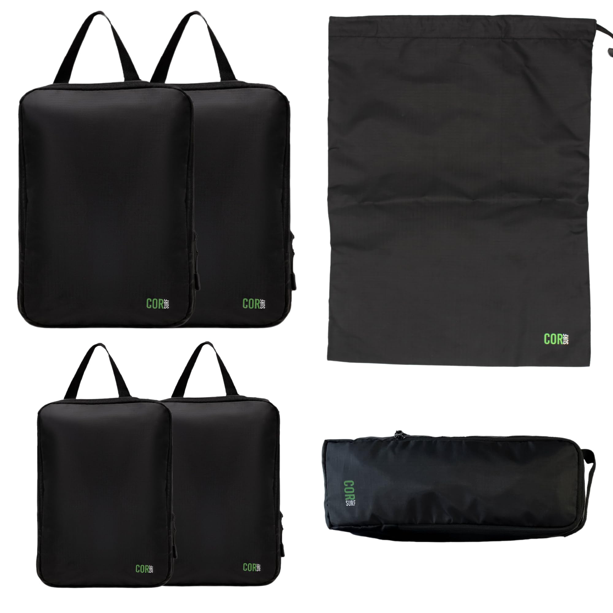 COR Surf Compression Packing Cubes Travel Organizers plus Laundry or Shoe Bag with YKK Zippers (Black, 6 Piece)