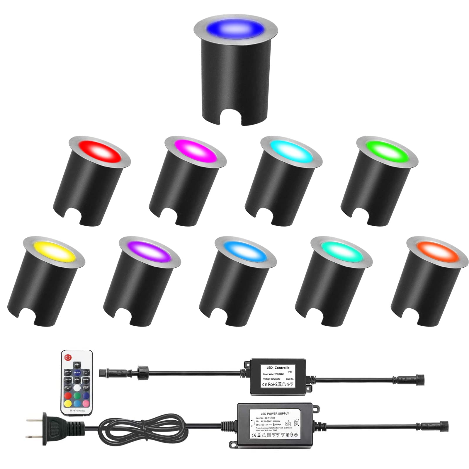 LED Recessed Deck Light Kits with Protecting Shell,LED Outdoor Landscape Lighting IP67 Waterproof, DC 12V Low Voltage for Garden,Yard,Stair,Patio,Floor,Kitchen Decoration In Ground (10pcs,RGB) RGB (Red, Green, Blue) 10pcs(Silver border+embedded parts)