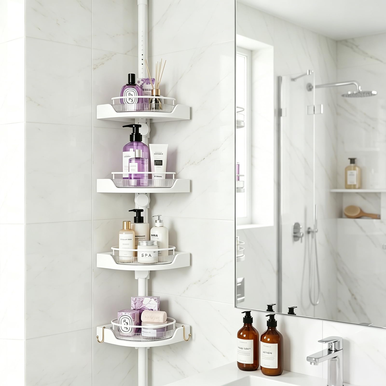 �️ HAMITOR Corner Shower Caddy Tension Pole 4 Tier Rustproof Shampoo Organizer — beauty deal on Shopping With Noya