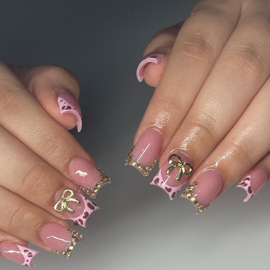 24Pcs Short Square False Nails 3D Bows Acrylic Artificial Nails For Celebrations And Daily Commuting
