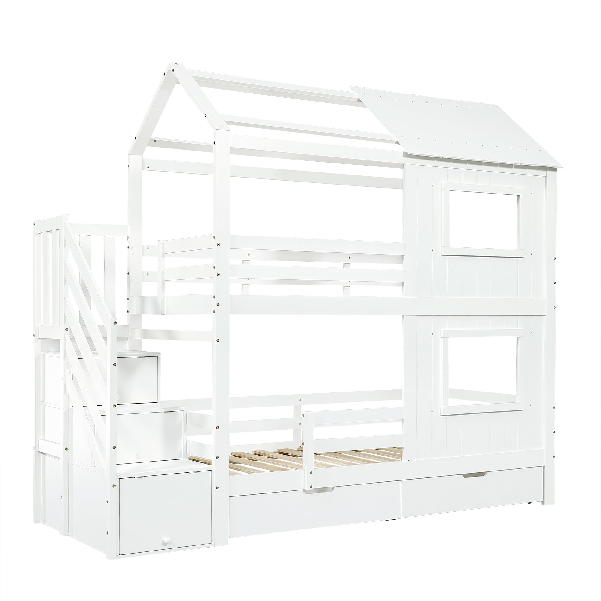 Letto a castello, 90 x 200 cm, per le scale con ripiani, cassetto portaoggetti con ruote, belle finestre e tetto, rete a doghe in legno di pino + MDF + compensato, bianco