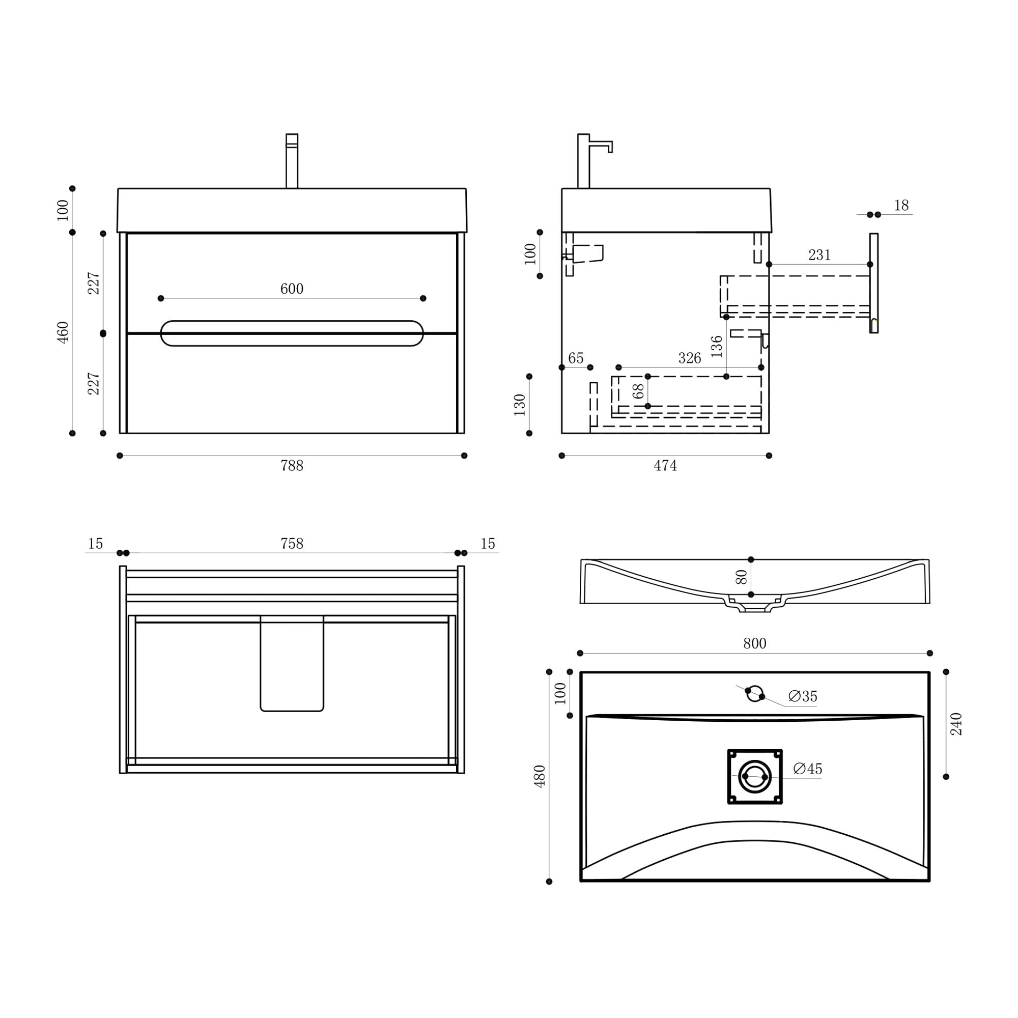 doporro Mobile Bagno Sospeso 80 cm con Lavabo in Marmoresina e Specchio LED – Finitura Nero Opaco, Cassetti a Chiusura Rallentata, Serie Yoga