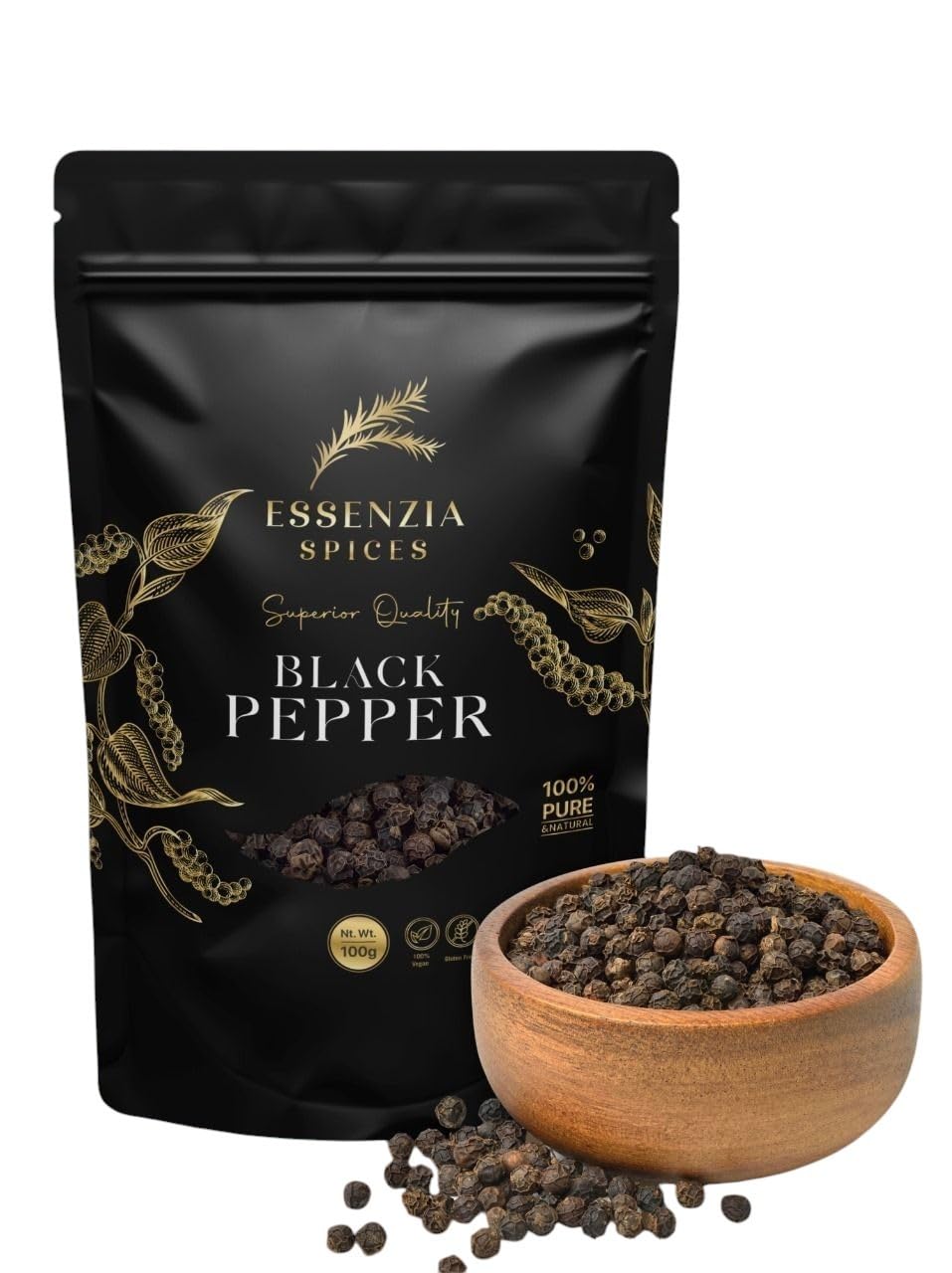 ESSENZIA SPICES Black Pepper | Worlds NO:1 Grade | Tellicherry Garbled Special Extra Bold (TGSEB) | Extra Big | Fresh And Hand picked | 100% Organic | 100 gm