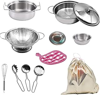 مجموعة حلل وقلايات لعب للأطفال، أدوات مطبخ تخيلية مع حقيبة، محاكاة من الفولاذ المقاوم للصدأ (حلة شوربة، قلاية، جاروف، ملعقة)، طقم لعب دور الطباخ من ZPZGOG (11 قطعة)