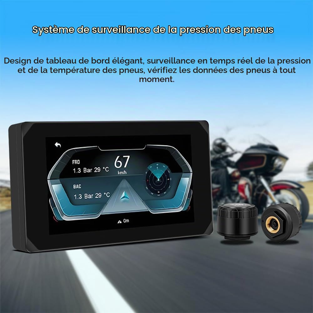 VSYSTO Moto CarPlay & Android Auto sans Fil avec Écran Doubles Caméras 1080P Avant et Arrière, Dashcam Moto Étanche de 5 Pouces, Écran Tactile HD, Navigation GPS, TPMS et Application Wi-FI