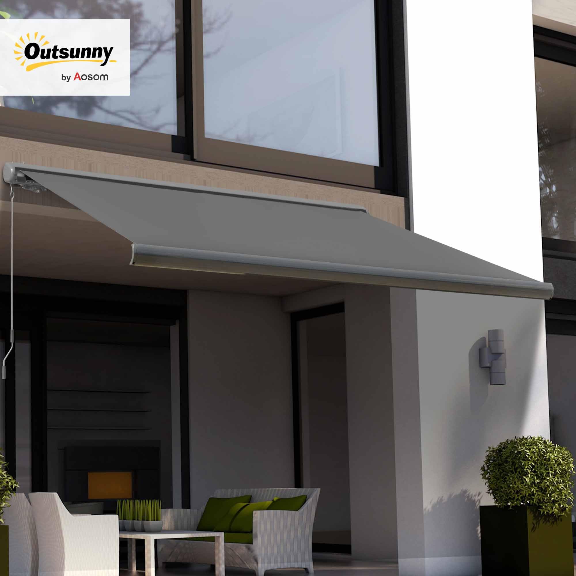 Outsunny Elektrikli tente, uzaktan kumandalı, çevirme kolu, tam kasetli tente, mafsallı tente, güneş koruması, balkon, koyu gri, 4 x 3 m Bahçe