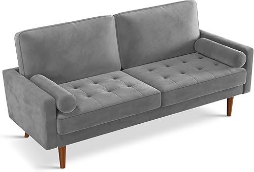 Vesgantti Sofá de terciopelo gris de 70 pulgadas, sofá biplaza de 3 plazas, sofás modernos de mediados de siglo para sala de estar, cómodo sofá de