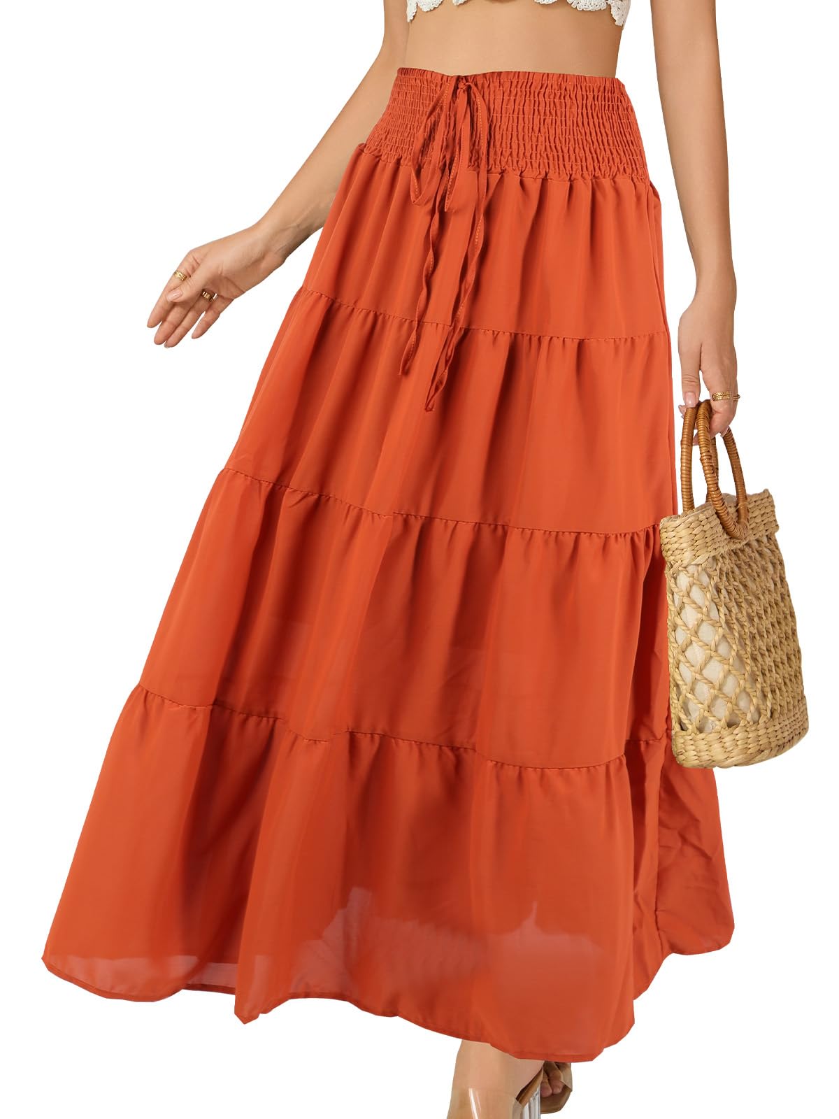 Monbessi Langer Rock Damen mit Futter 2 in 1 Maxirock Damen Lang Elastischer Bund Boho Röcke Geeignet für Sommer, Urlaub, Shopping Und Den Alltag