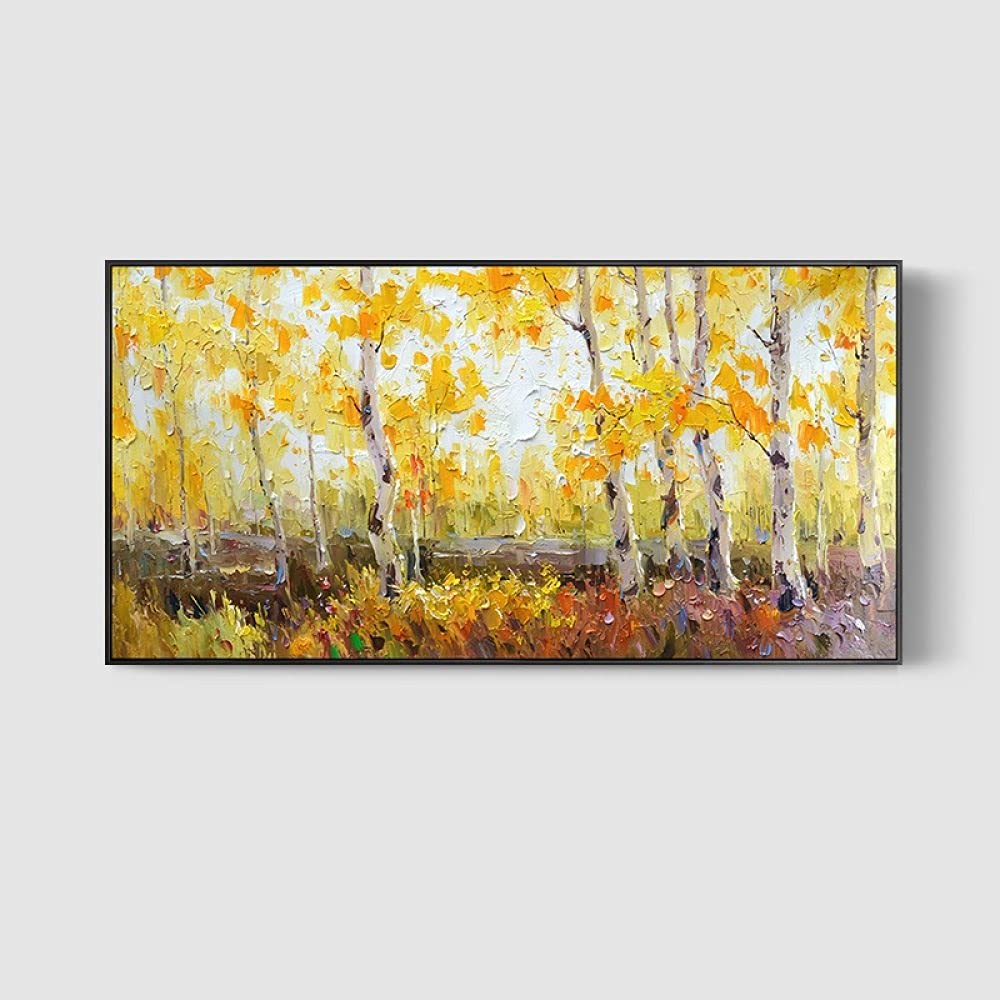 Pinturas Oleo,Abedul Blanco Bosque Tronco Hoja Amarilla Planta Cuchillo De Paleta Textura Grandes Pinturas Al Óleo Arte Abstracto Moderno Lienzo Arte De Pared Pinturas Sala De Estar Dormitorio Deco