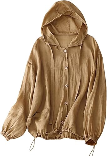 Womens Cotton Linen Hoodie Tops,Summer Fashion Hooded Long Sleeve Shirts Button Down Blouses for Women Dressy Casual