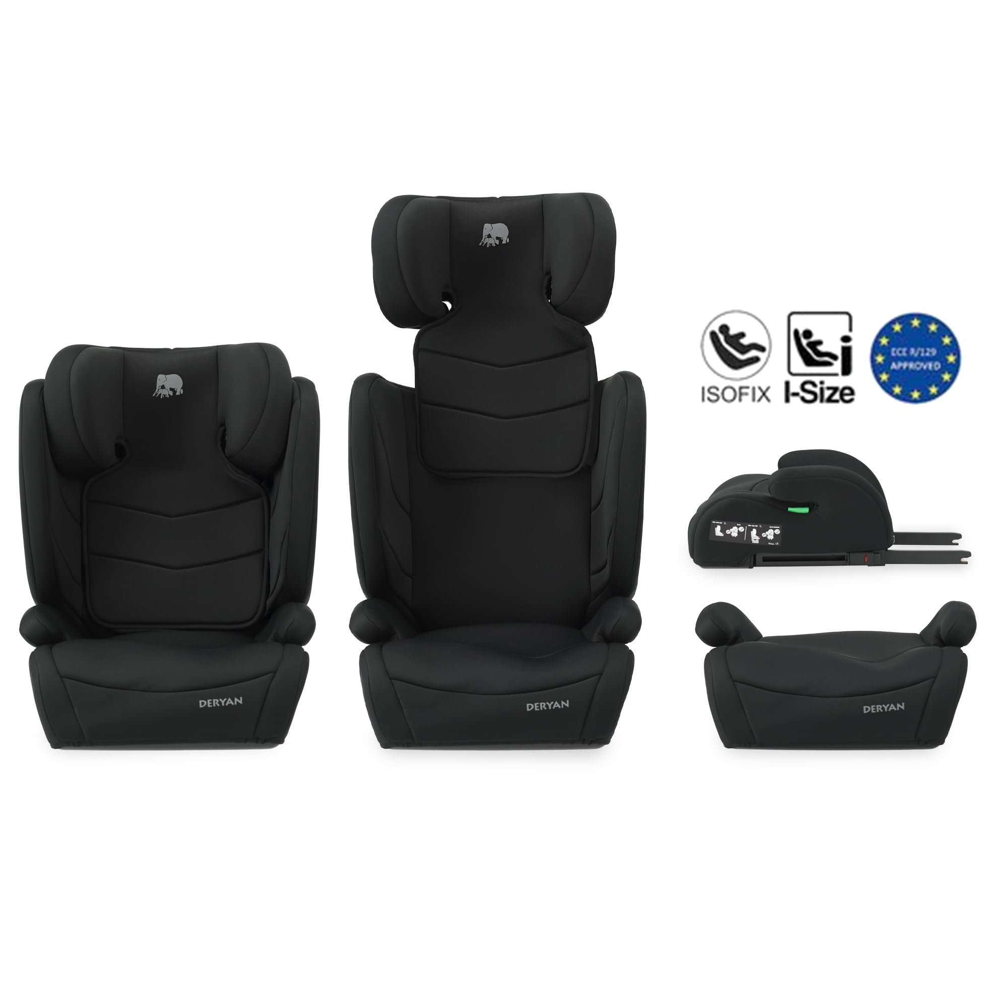 Deryan Alzador Coche Niño i-Size de 3,5 a 12 años, 100-150 cm (0-36 kg), Silla Coche Grupo 1/2/3 y alzador convertible, Elevador Coche, R129, Fácil Instalación con Cinturón (ISOFIX/Negro)