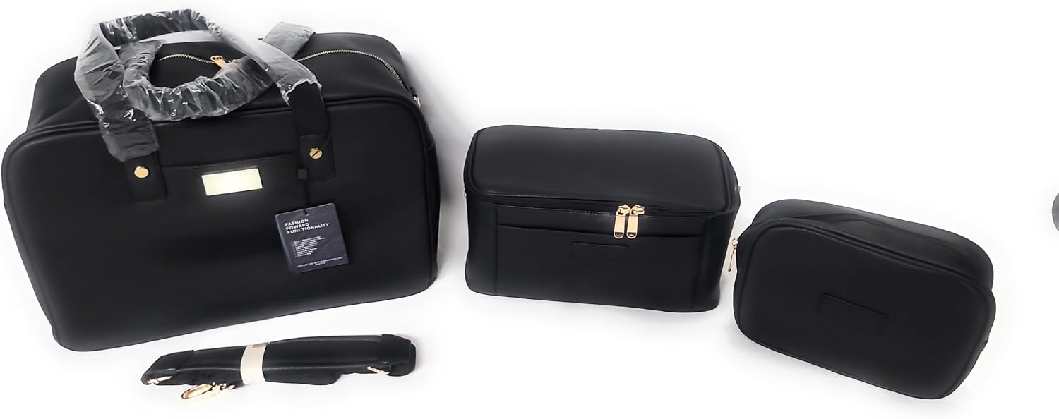 Travel Bag Set Weekender By Le Milli Travel Weekender Bag with Shoe Compartment, Overnight Bag, Vegan Leather Camera Bag and Cosmetic Case Three Piece Set Beautifull.