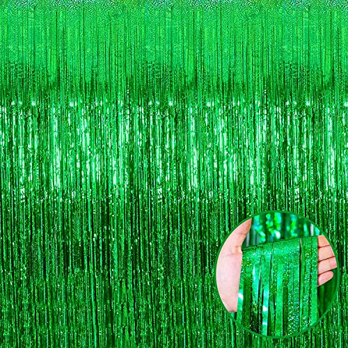 4 Pack Green Tinsel Foil Fringe Curtain Backdrop 3.28Ft x 8.2Ft Metallic Streamers for Photo Booth Props Wedding Bridal Shower Bachelorette Birthday Carnival Easter Mothers Day Party Decoration