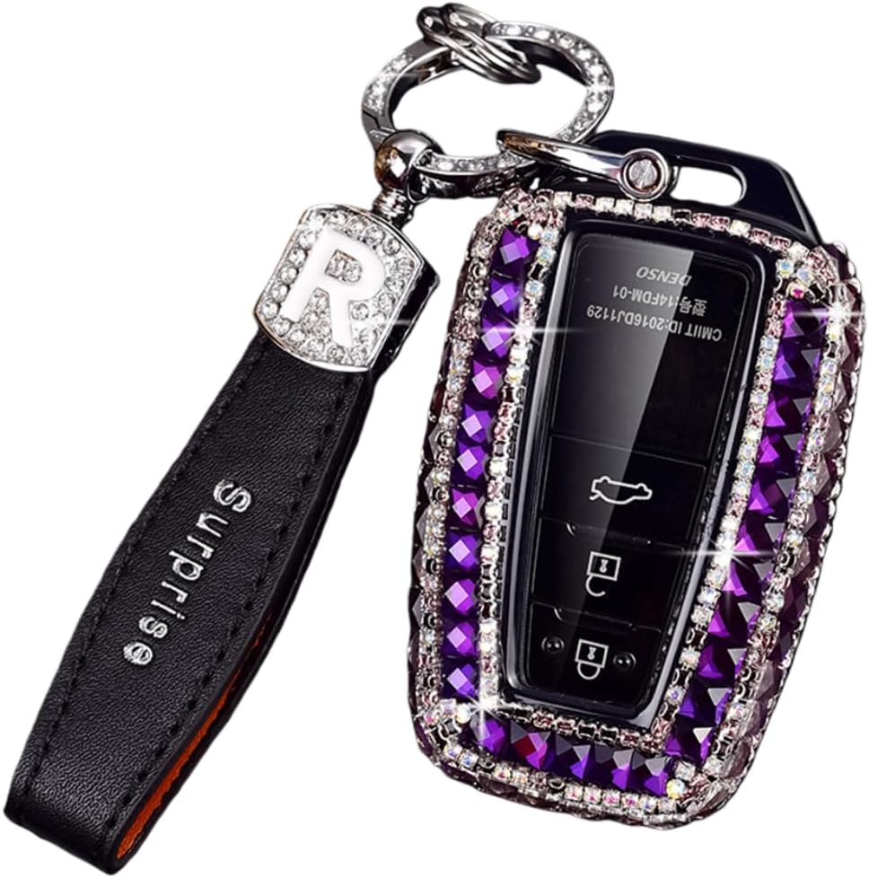 Luxury Rhinestone Key Fob Cover Case for Toyota Camry, 4 Runner, RAV4 Prime, Land Cruiser, Hilux, Grand Highlander, Corolla, bZ4X 2017-2026 (Purple R Rope)