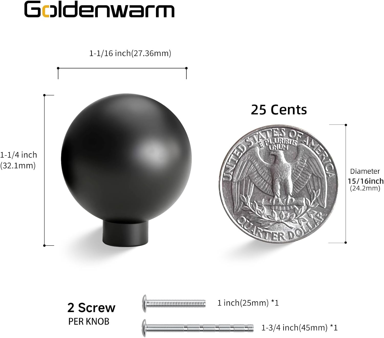 Goldenwarm 10 Pack Matte Black Cabinet Knobs Kitchen Dresser Drawer Knobs Round Ball Hardware for Cabinets Single Hole
